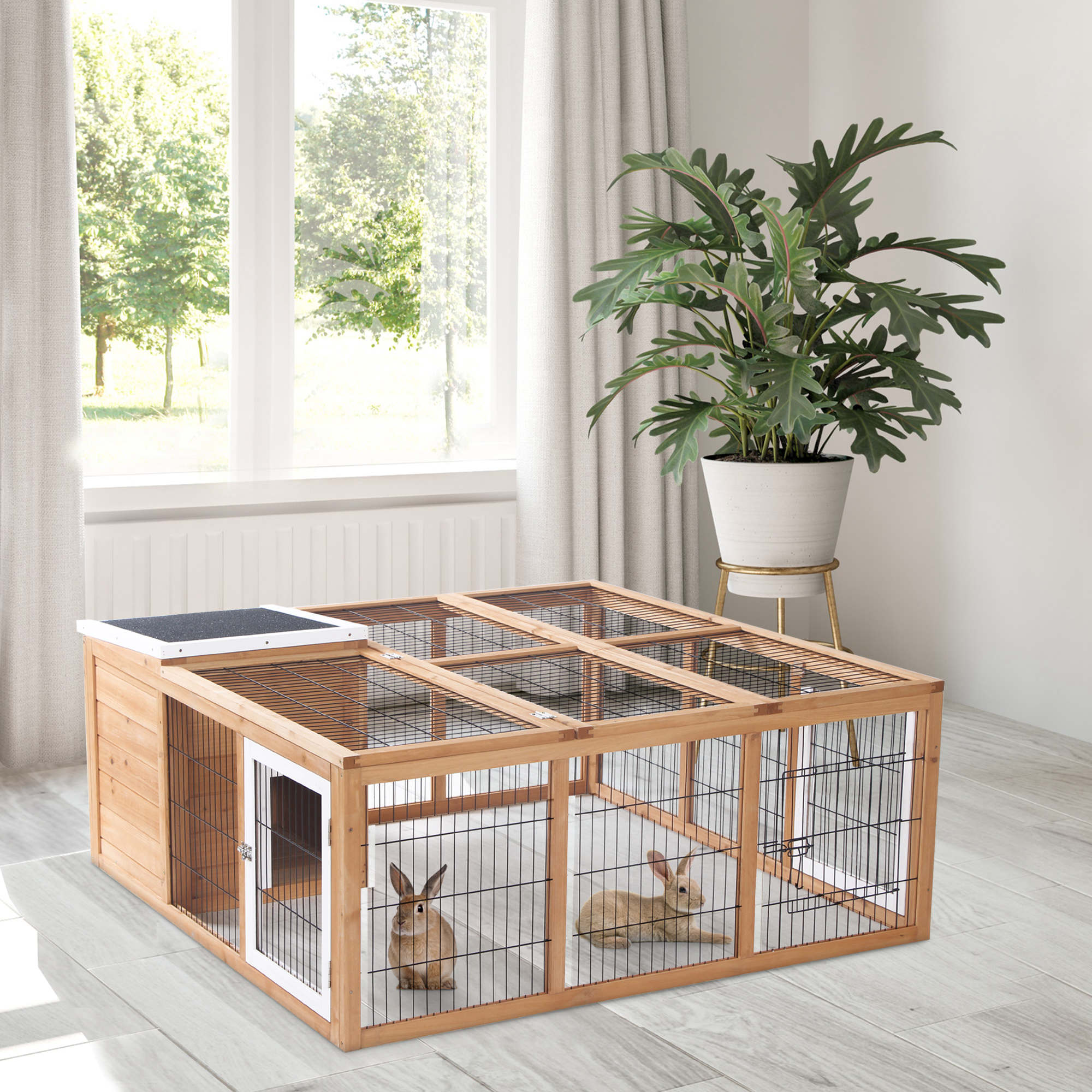 PawHut Kleintierkäfig mit Häuschen und Auslauf natur 123 x 120 x 52 cm (LxBxH)