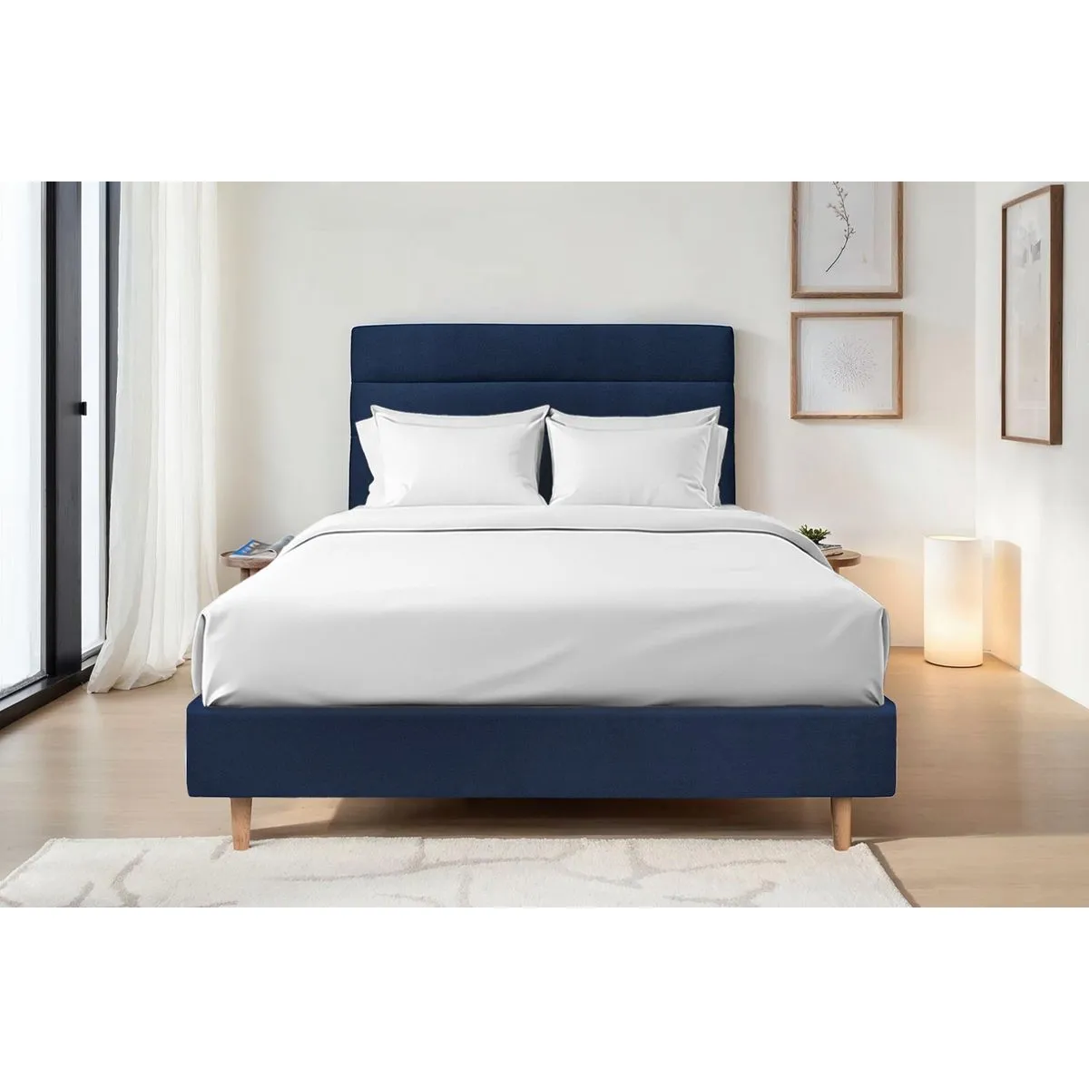 Sommeil de plomb Lit 135x190cm - Tête de lit lignes velours - Sommier tapissier bleu