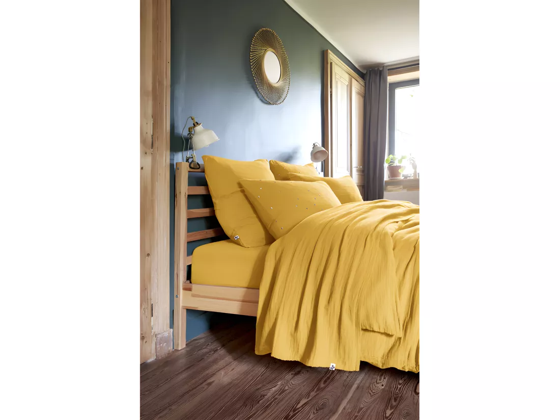 Parure de draps Gaze de Coton - Gaïa Safran - 4 pièces 1 Drap plat 270 x 300 + 1 Drap housse 180 x 200 + 2 Taies 60 x 60