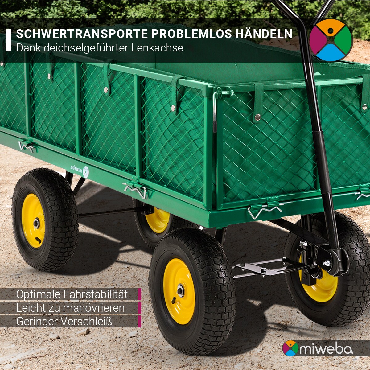 Miweba Bollerwagen MB-700, Transportwagen mit 700 kg Traglast, klappbar, Doppelachse, Stahlrahmen (Grün)
