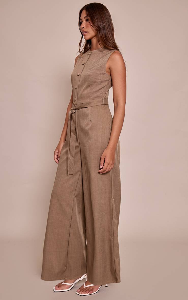 Taupe Combinaison Pantalon Large En Tissu Tissé Avec Ceinture Nouée Et Boutons
