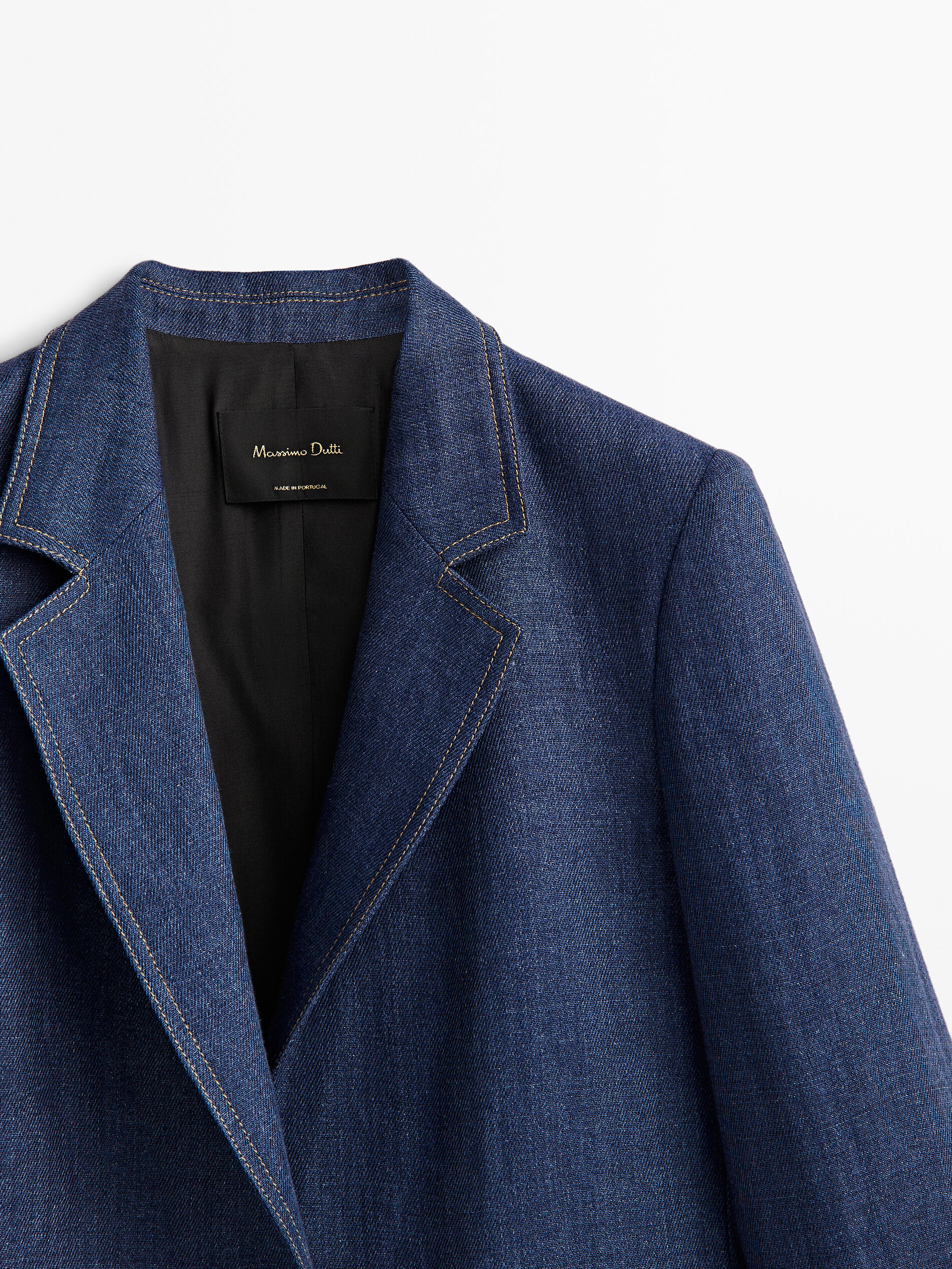 Blazer de linho com um botão e pesponto - AZUL MARINHO