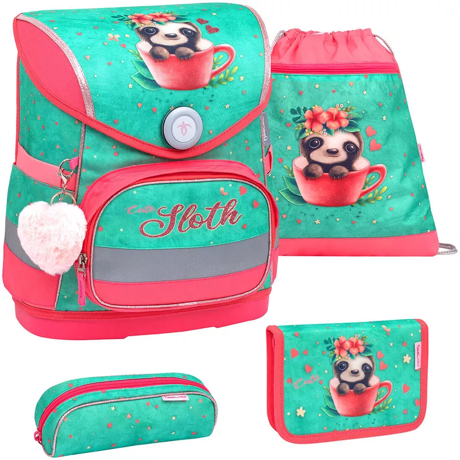 Belmil Schulranzen Compact Schulranzen Set 4-teilig mit Brustgurt Cute Sloth