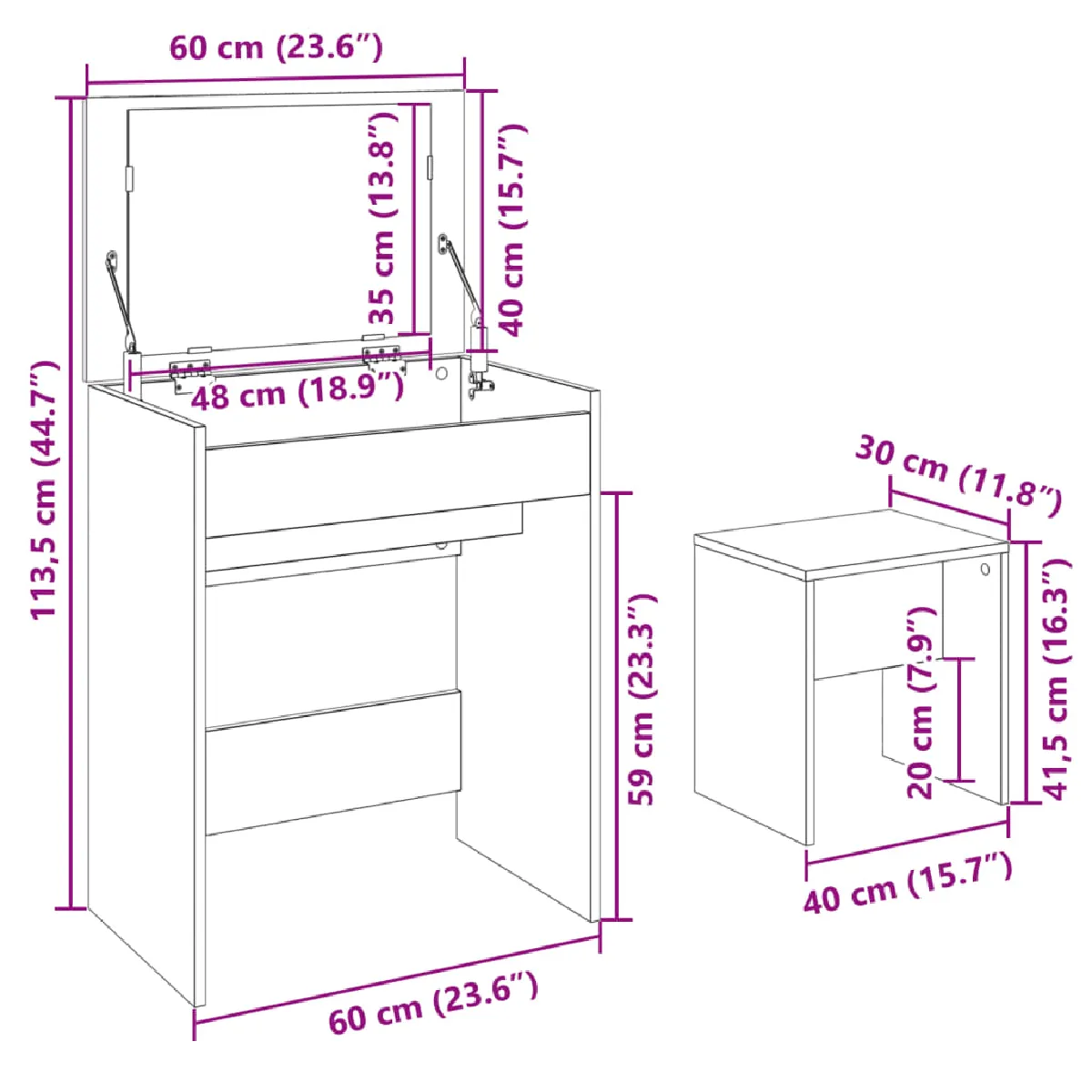 vidaXL Coiffeuse et Tabouret - Chêne Sonoma