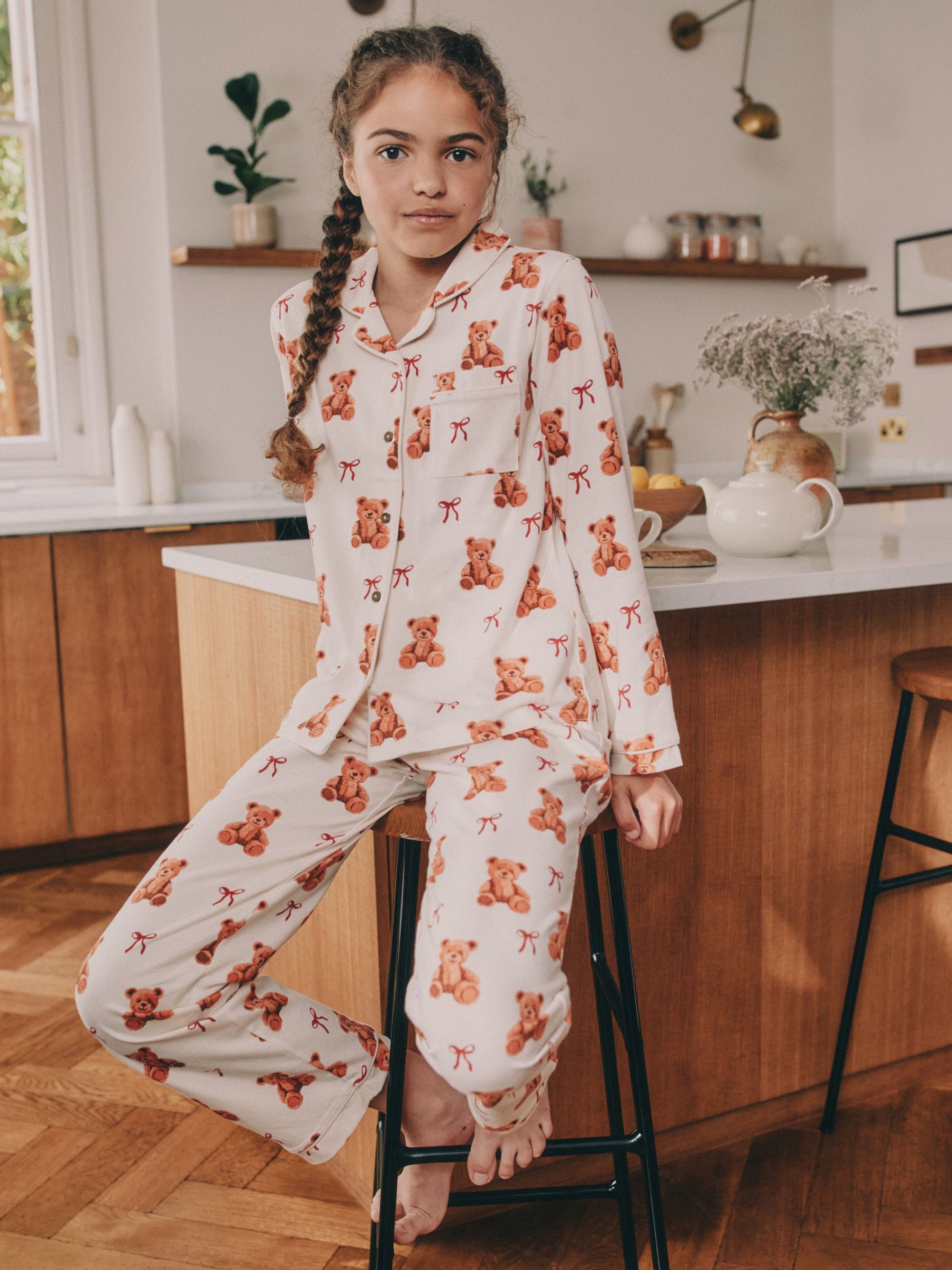 Ecru-wit met berenprint - Pyjama met knoopsluiting (3-16jr)