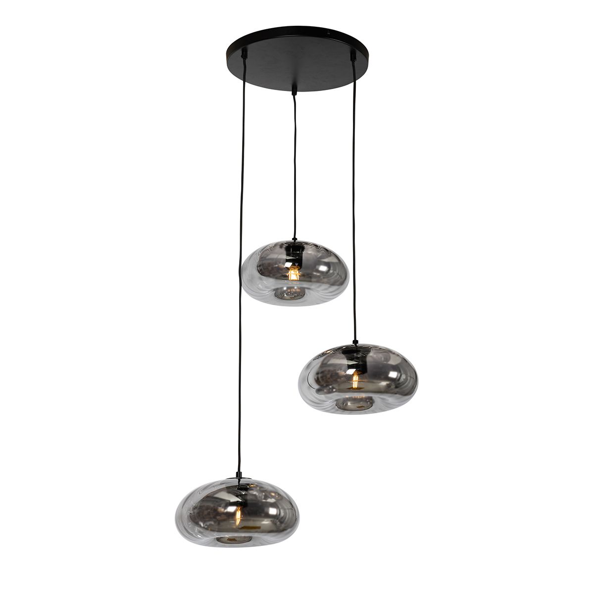 Art Deco hanglamp zwart met smoke glas rond 3-lichts - Ayesha