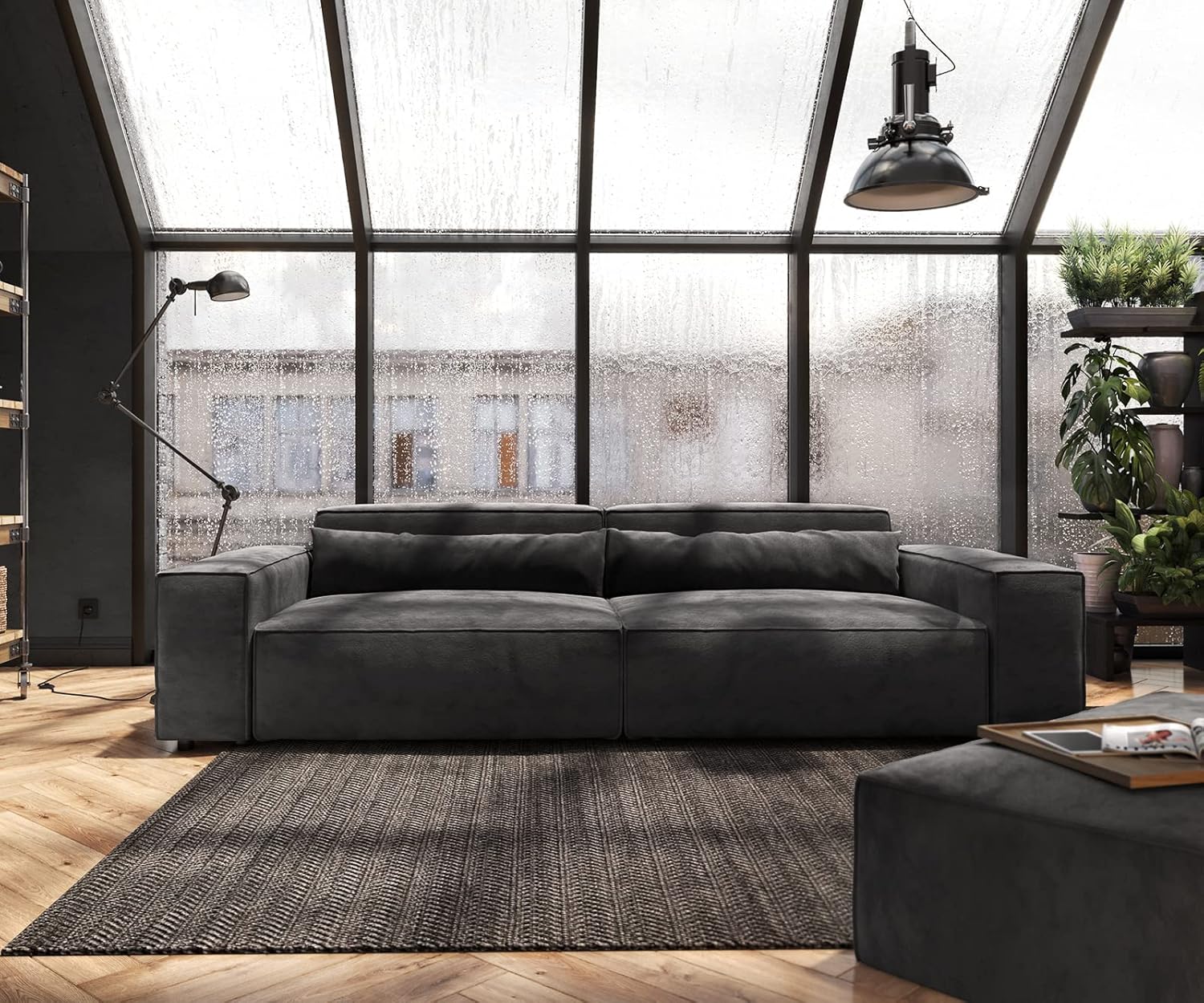 DELIFE Big-Sofa Sirpio XL Mikrofaser Schwarz 270x130 cm mit Hocker