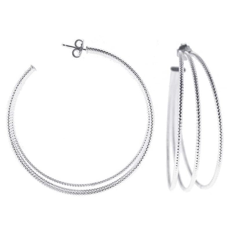 Boucles D'oreilles Créoles Trois Anneaux Très Grand Modèle Argent Rhodié Diamanté Helena Diamètre 65mm