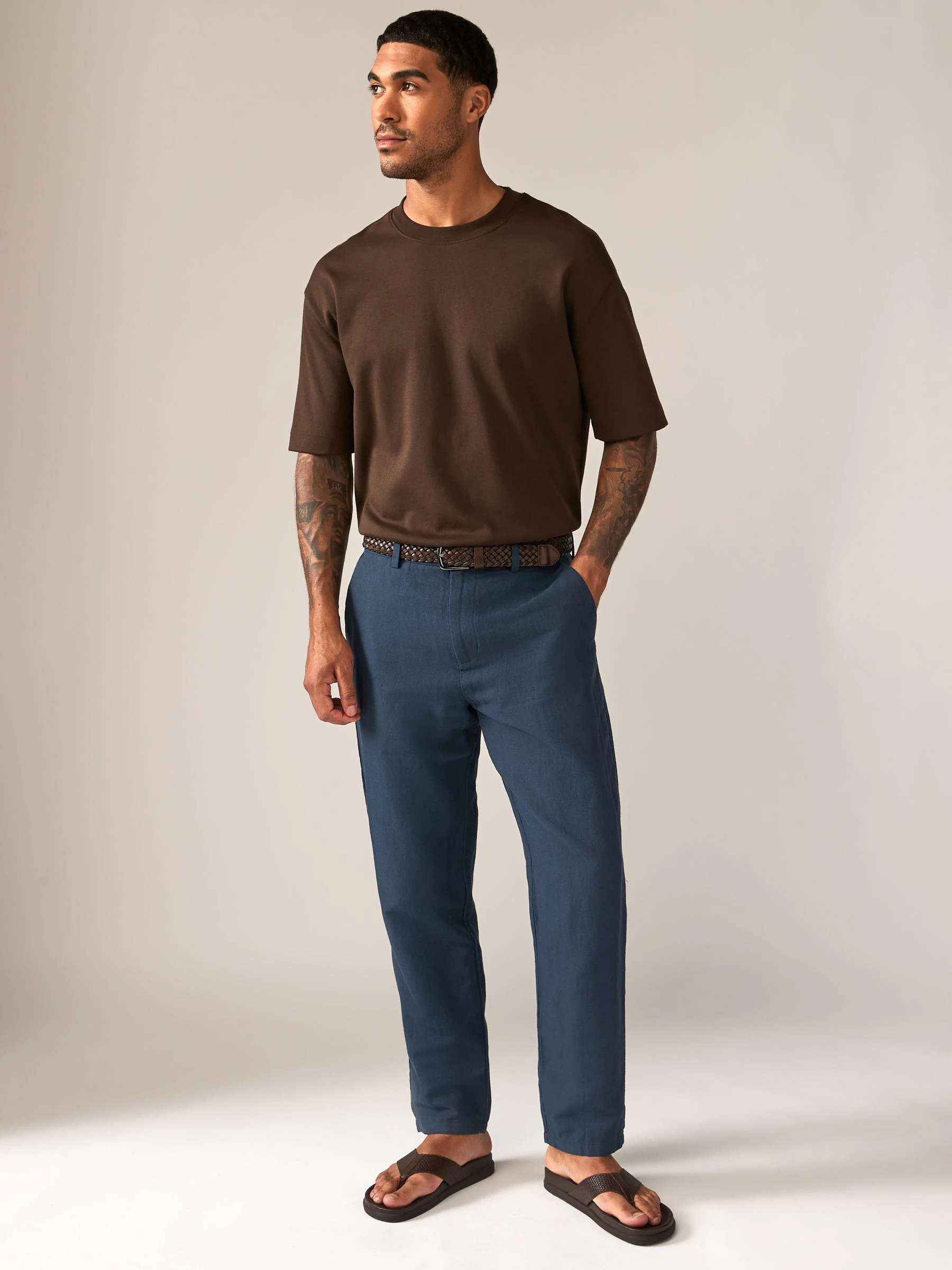 Donkerblauw - Regular fit linnen-katoenmix broek met ceintuur