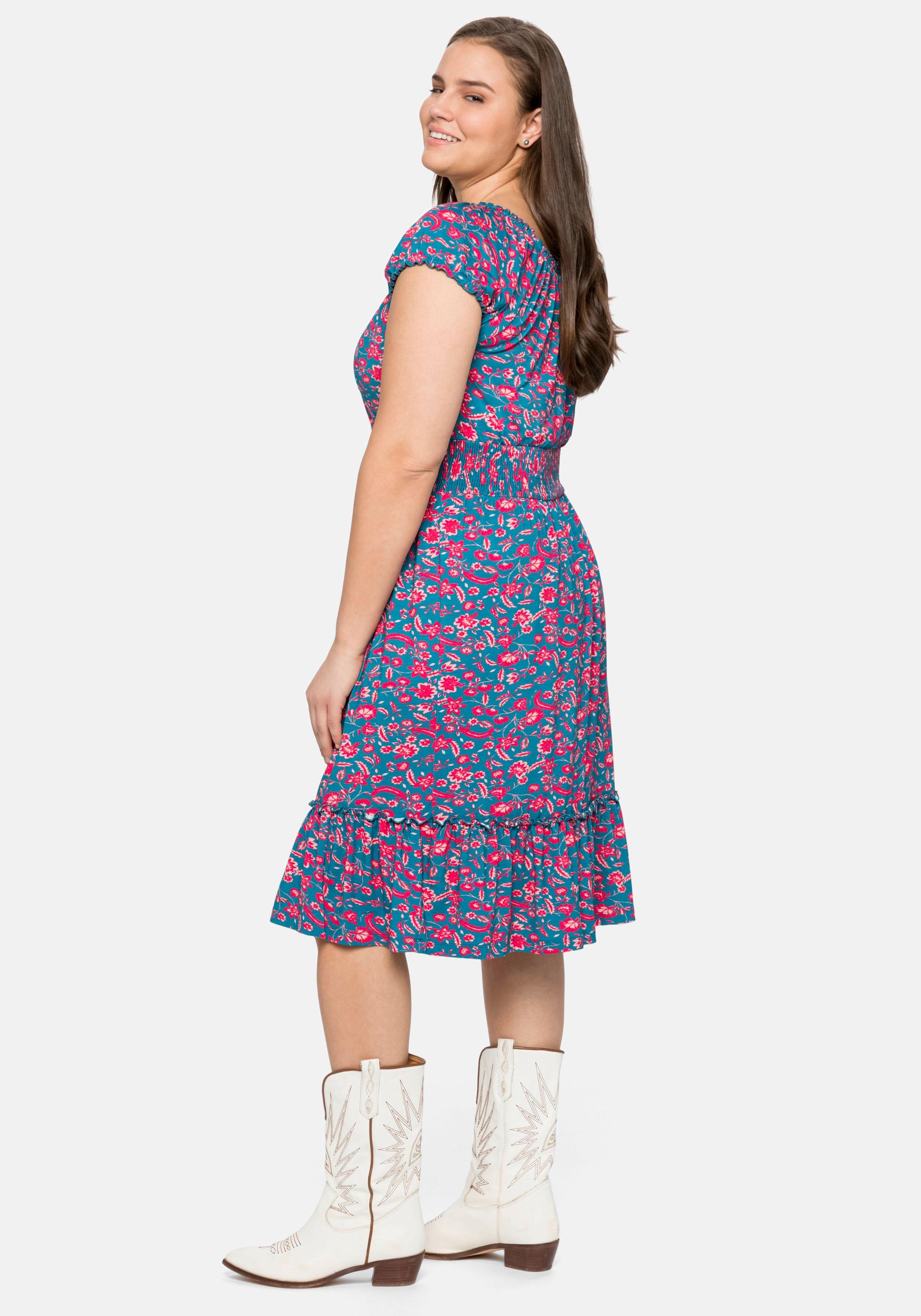 Jerseykleid mit Blumendruck und Carmenausschnitt