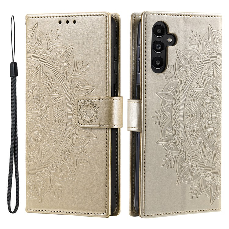 Samsung Galaxy A56 Leder Tasche Wallet - Mandala Flowers Imprint - Gold