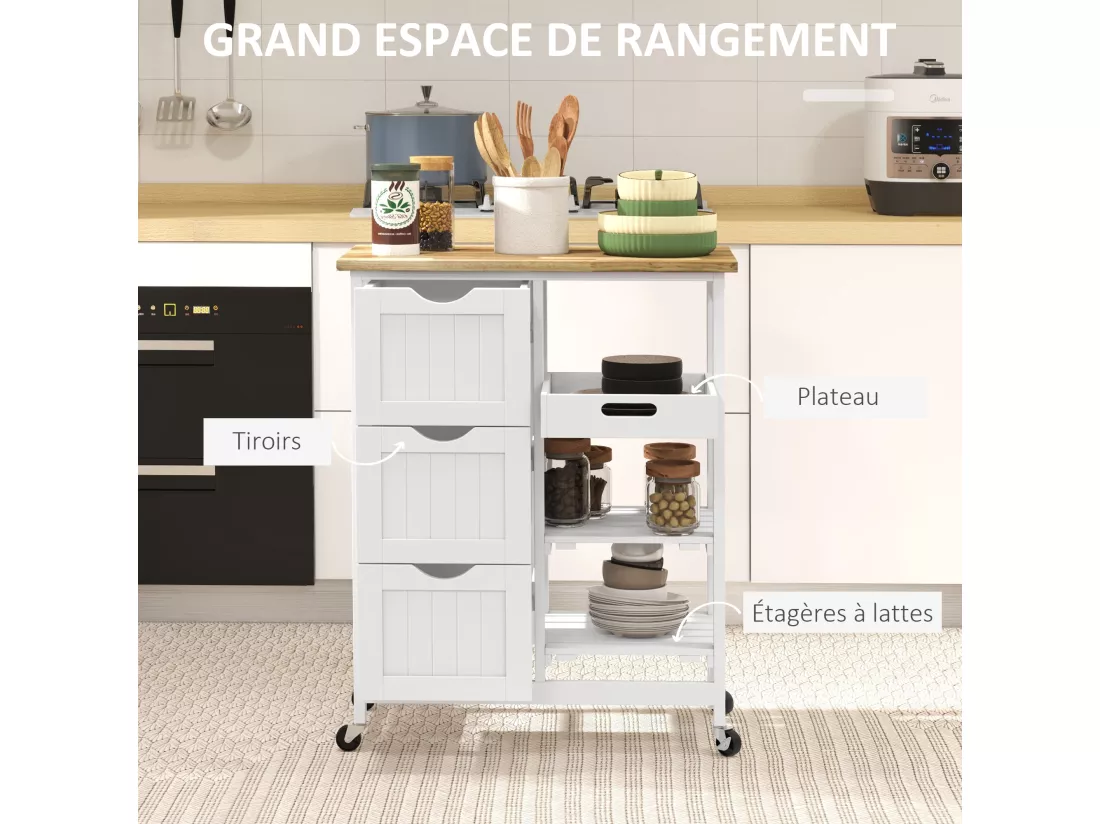 Desserte de cuisine multi-rangement - 3 tiroirs, 2 étagères, plateau amovible - MDF blanc bois hévéa