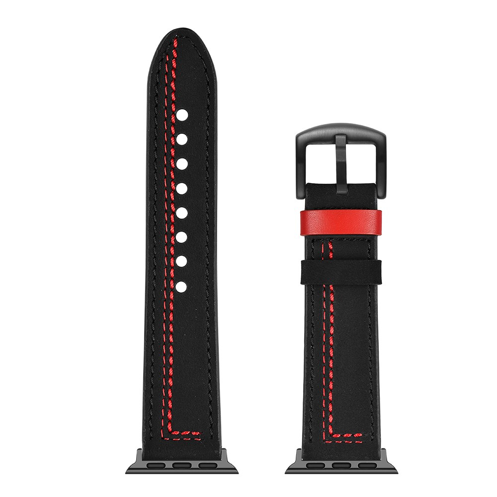 Apple Watch (49/46/45/44 mm) Ersatz Echtleder Stripes Armband (Gelenkumfang: 175-220mm) - Schwarz / Rot