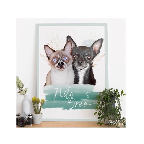 Retrato digital personalizado do seu animal de estimação, apresentando um animal de estimação duplo e realista com aparência de rochedo.