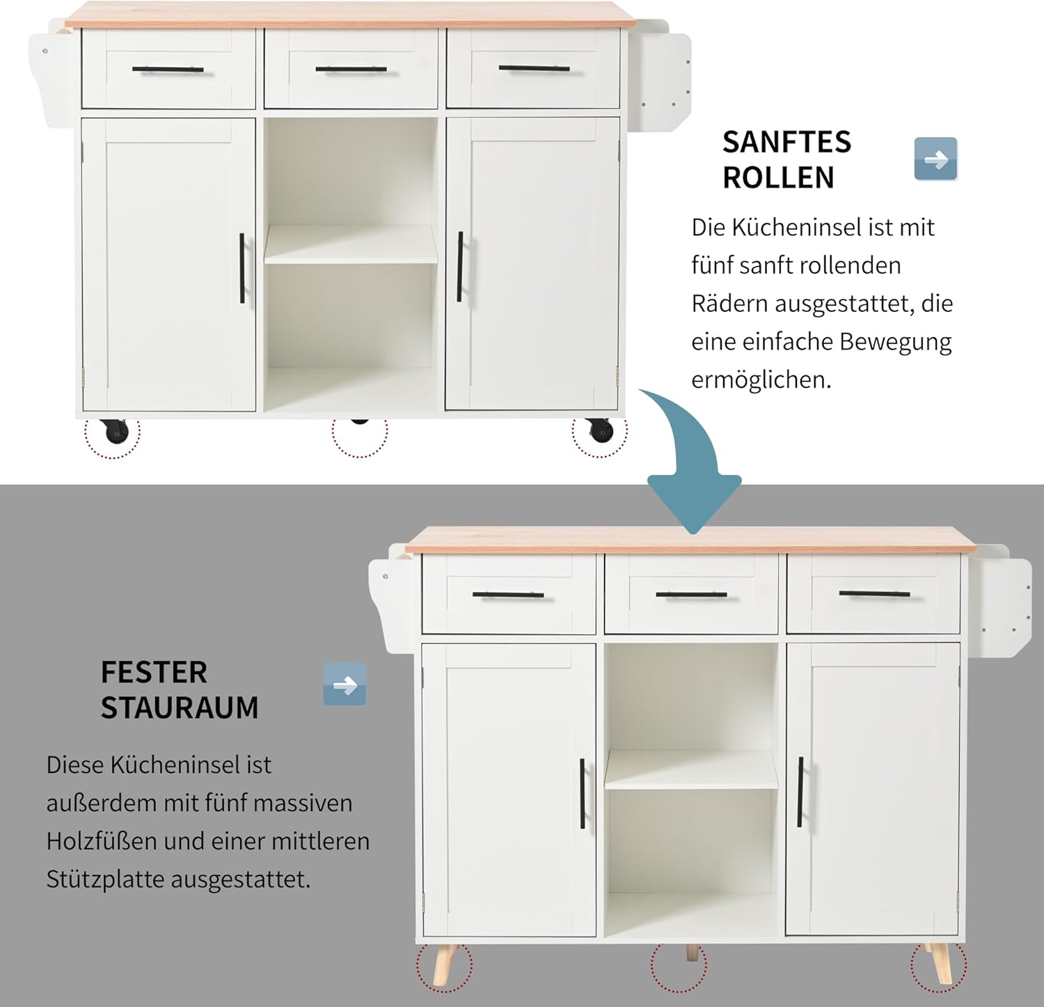 Küchenschrank mit Klappbarer Arbeitsplatte ,Kücheninsel freistehend auf 5 Rollen und 3 Schubladen Mobiler Sideboard Storage küchenschränke für Küche und Esszimmer 139x46(71) x91,5 cm(Weiß)