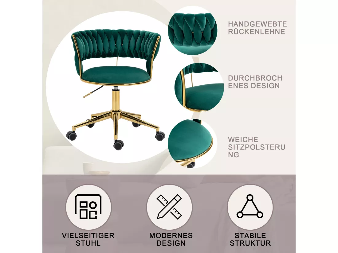 Chaise De Bureau Douce En Velours, Rotation 360°, Réglage De Hauteur, Base En Acier