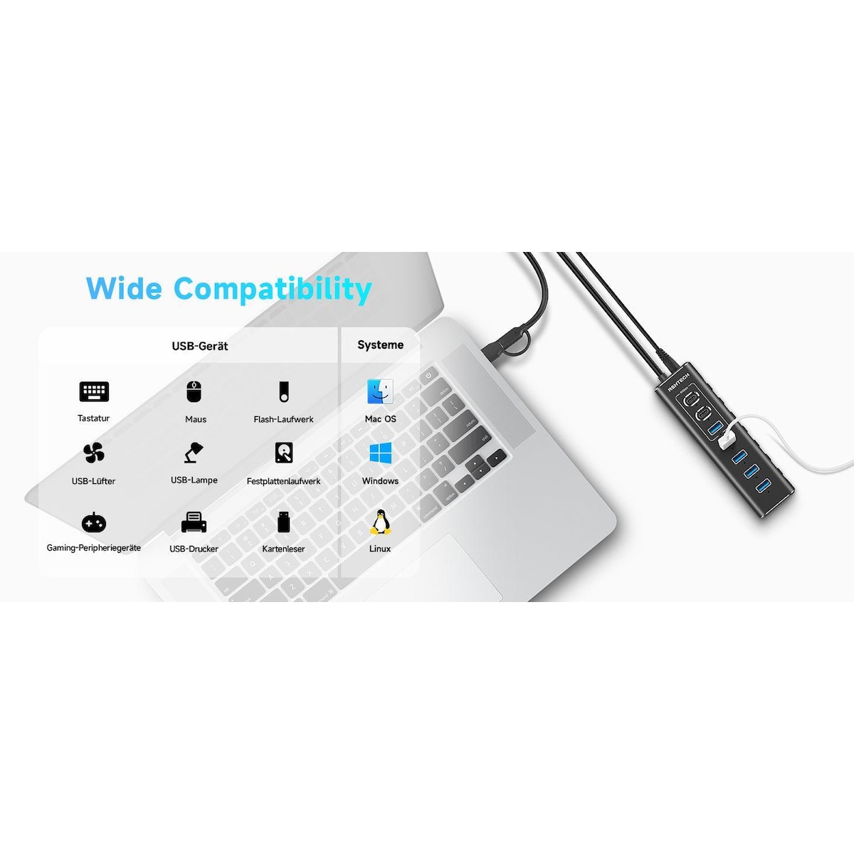 NÖRDIC GEN 3.2 USB-C og USB-A drevet Hubb 7-porter 3x10Gbps 4x5Gbps 1m kabel