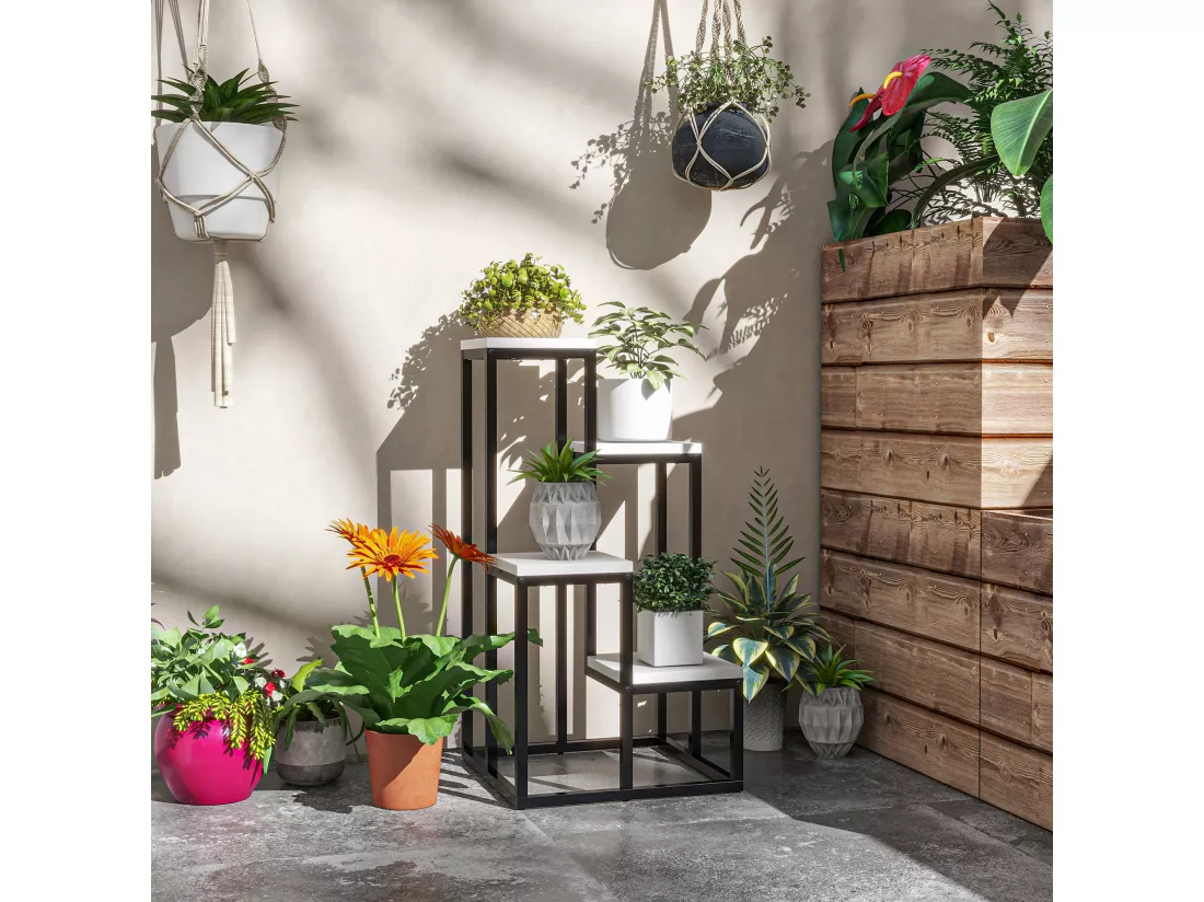 Porte-plantes style industriel 4 étagères - dim. 34L x 34l x 66H cm - métal sapin blanc