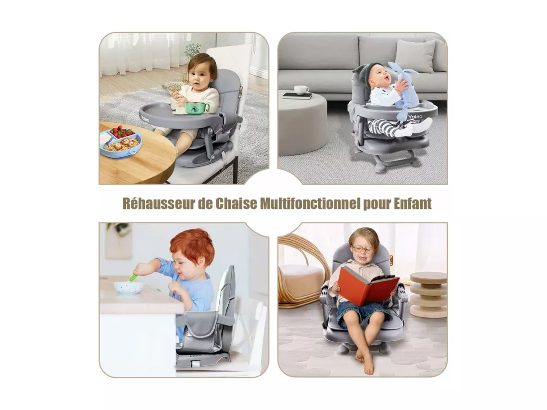 YOLEO Réhausseur Chaise Enfant Pliable,Chaise Haute Bébé Portable,Bébé Chaise repas en Hauteur Réglable,Plateau Amovible,6 mois à 3 ans,Gris avec Coussin