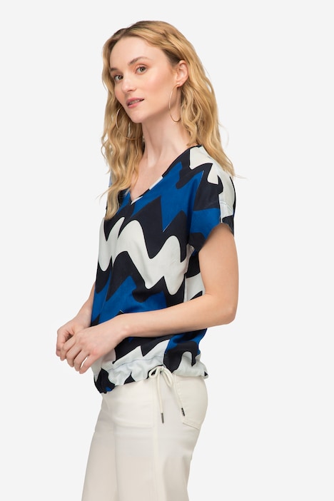 Bluse, oversized, Zackenmuster, V-Ausschnitt, Halbarm