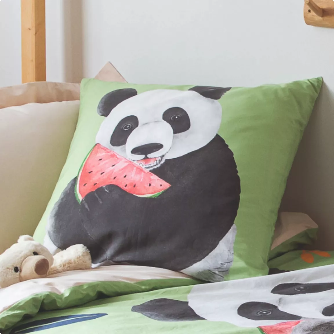 Taie d'oreiller carrée enfant percale de coton ( 65 x 65 cm) Panda Verte