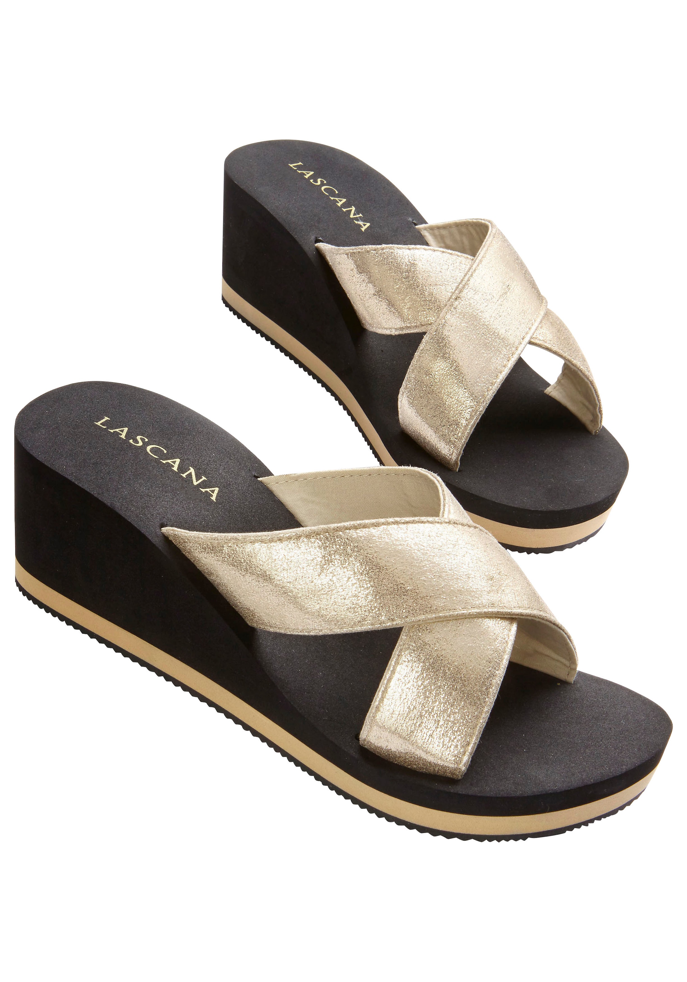 LASCANA Badepantolette  Sandale, Pantolette, Badeschuh mit Keilabsatz und Metallic-Optik VEGAN