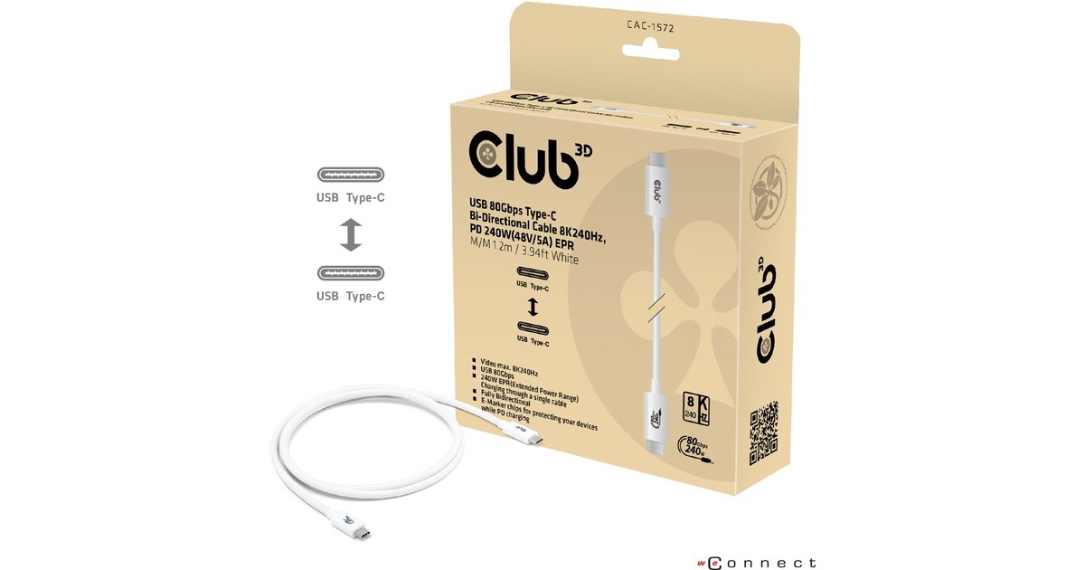 Club 3DUSB-C 80Gbps Certified 240W 8k 240Hz kabel  (Wit, 1.2m)