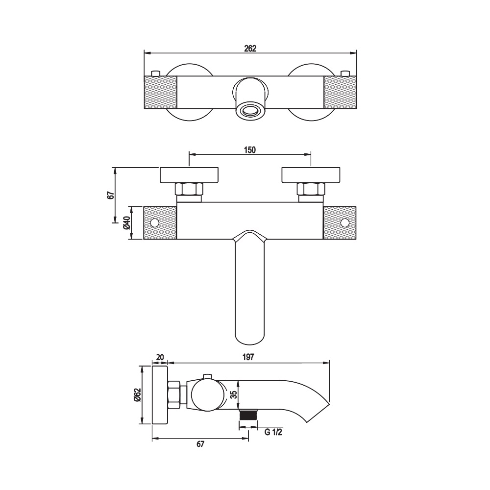 Brauer Brushed Carving thermostatische badkraan met wandhouder en 3 standen handdouche RVS geborsteld PVD
