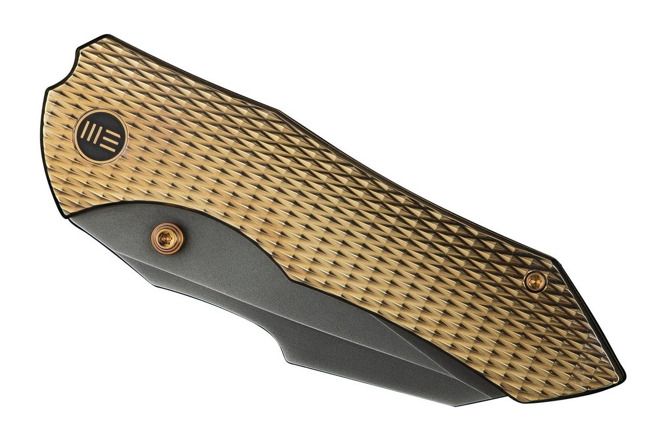 WE Knife High-Fin XL WE24010-3 Gray CPM 20CV, Diamond Patterned Golden Polished Titanium, zakmes