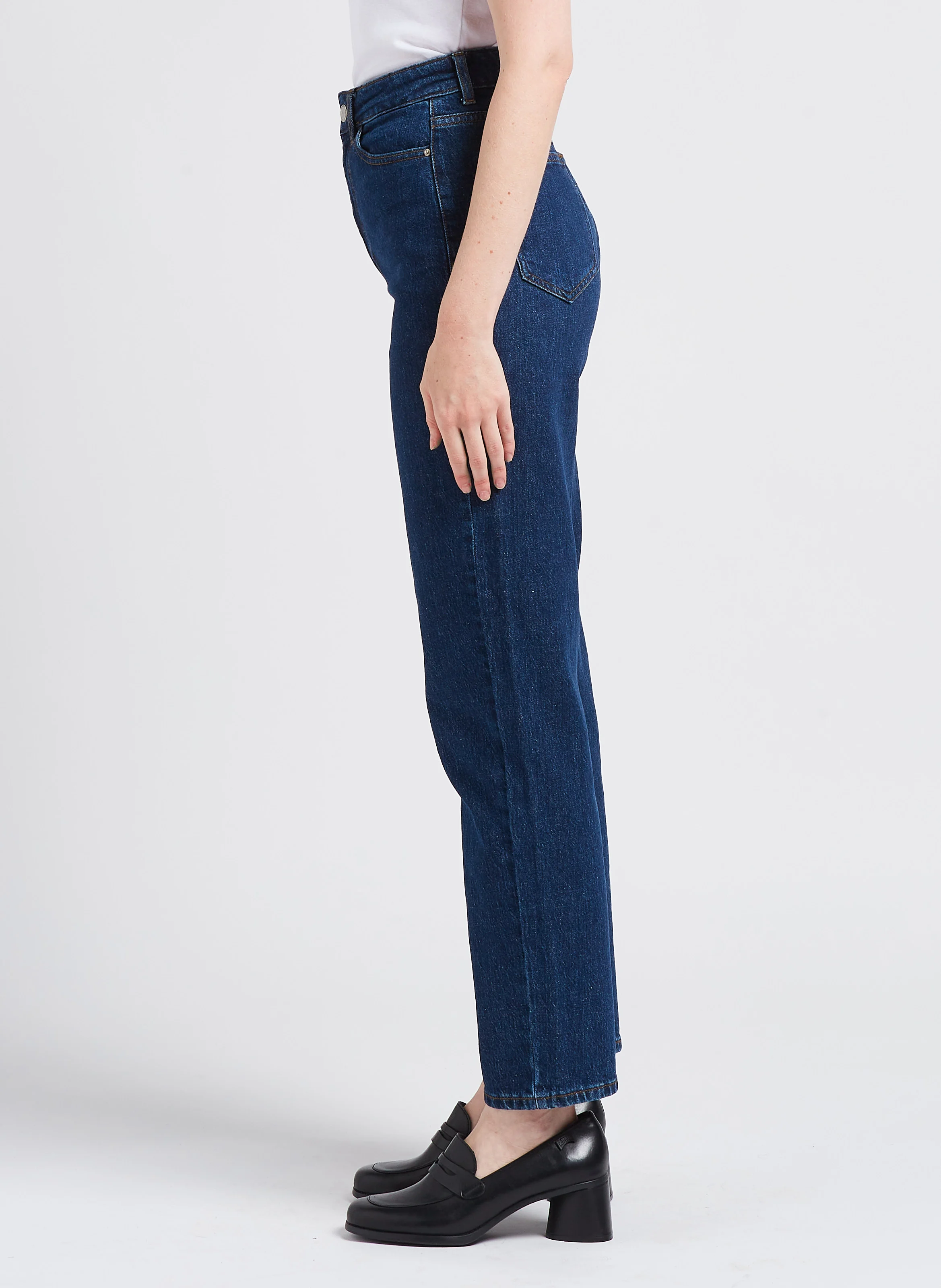 Jean droit à taille haute en coton délavé| Bleu