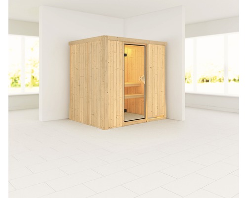 Karibu Wanja plug & play sauna zonder kachel en dakrand, met gebronsde volledig glazen deur