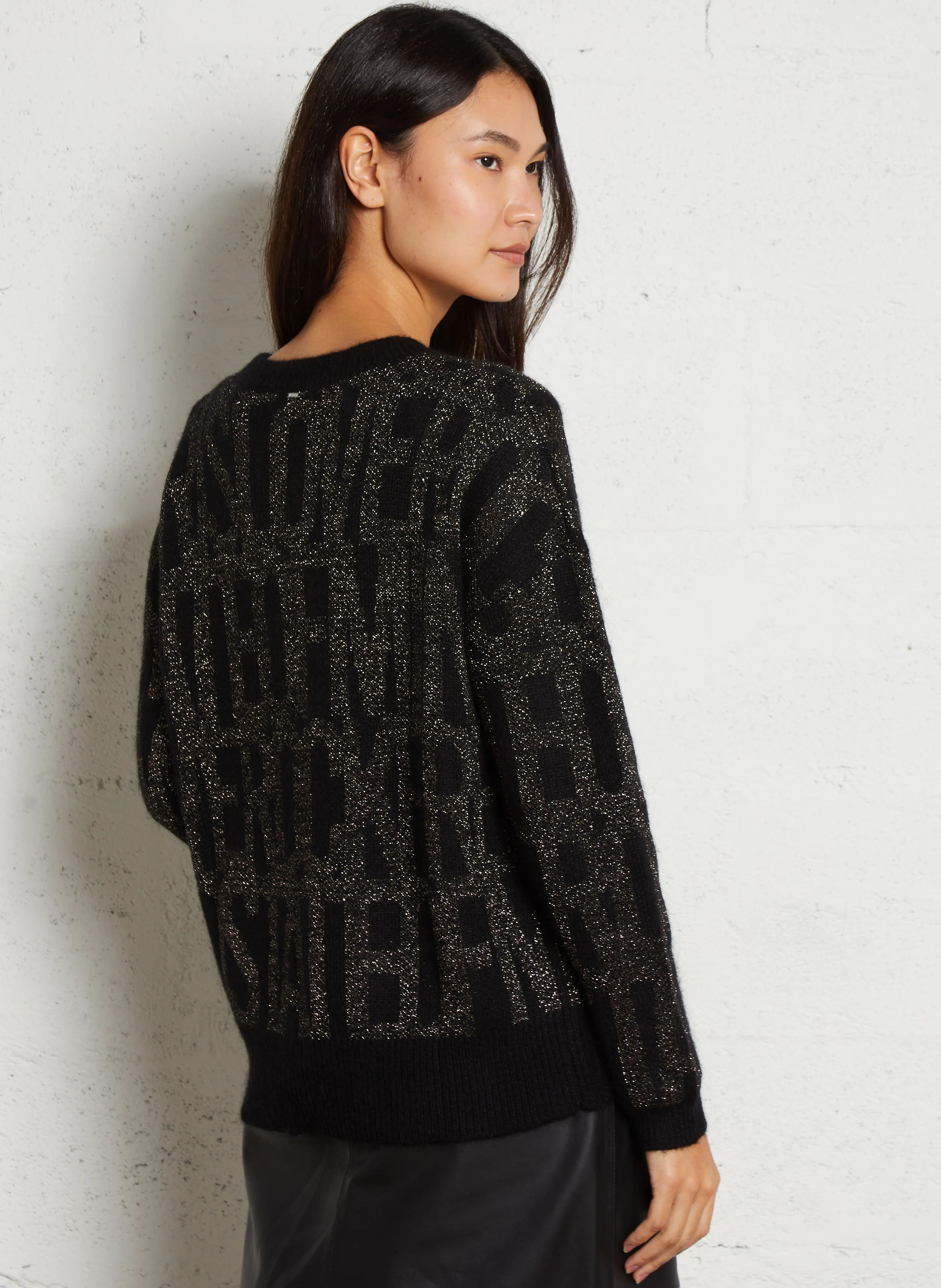 Pull ample col rond jacquard en maille métallisée | Noir