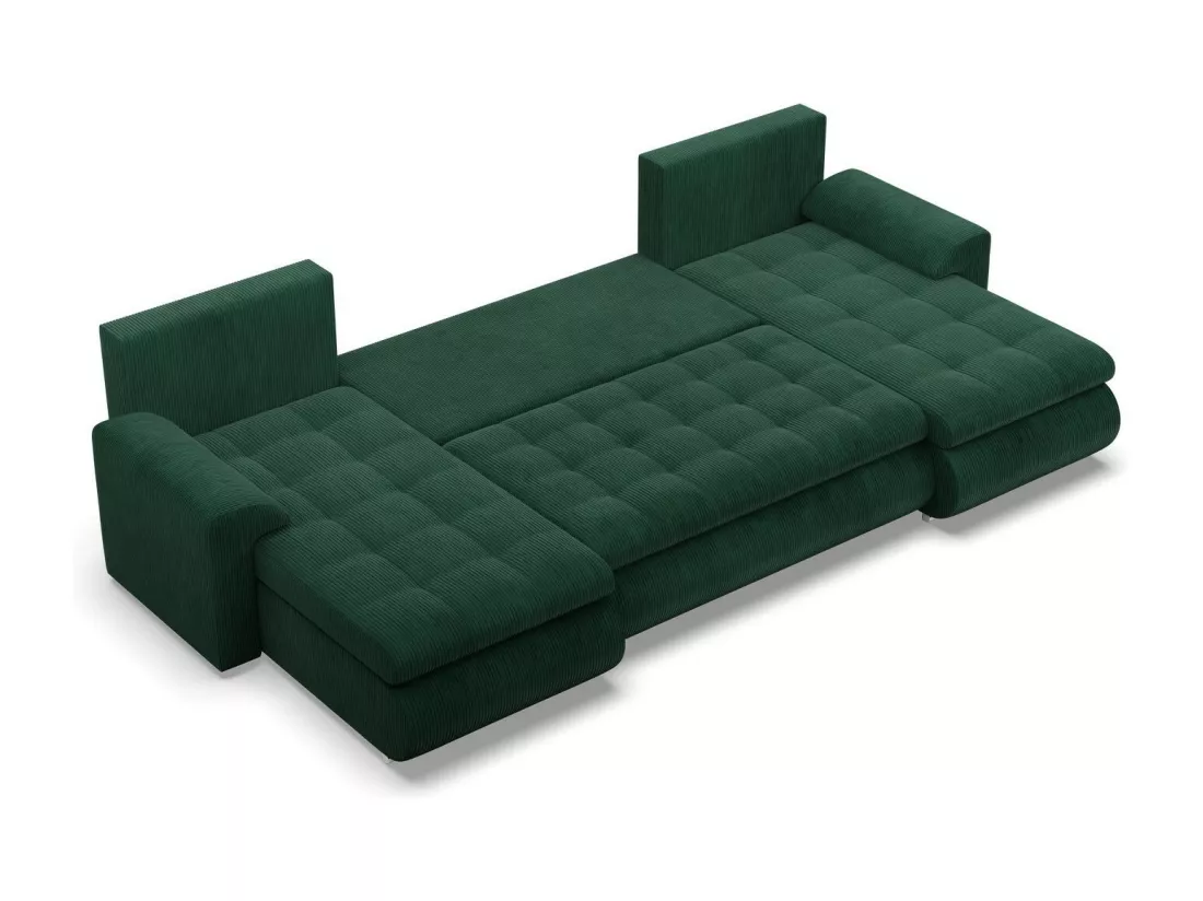 Canapé d'angle en U avec fonction sommeil, 2 méridiennes, Cord - Vert foncé
