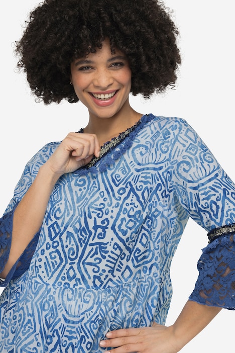 Tunika, A-Line, Voile, Alloverdruck, Spitzen-Volants