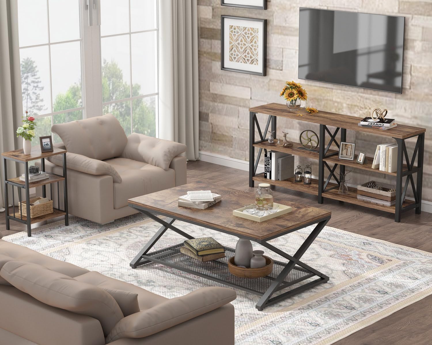 LVB Couchtisch Rechteckig mit Stauraum Wohnzimmer Möbel Wohnzimmertisch mit Stauraum Sofatisch Beistelltisch aus Holz Metall Grau 100x60x45 cm