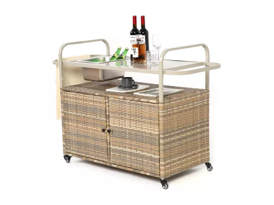 Desserte table de bar d'extérieur chariot de bar en osier avec armoire avec plateau en acier et un seau à glace roues verrouillables beige