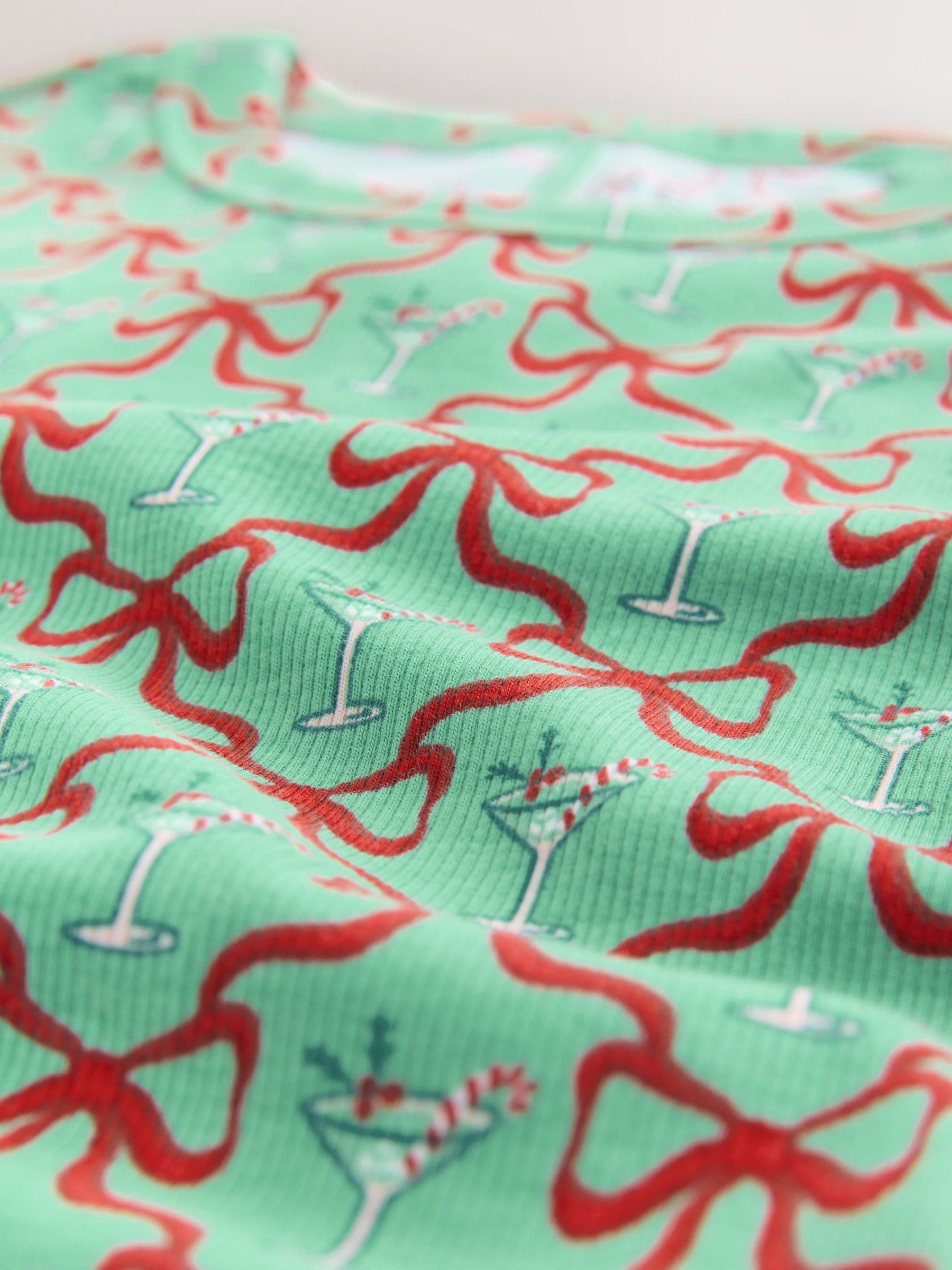 Groen/ecru - Set van 2 kerst ribtops met strik en lange mouwen