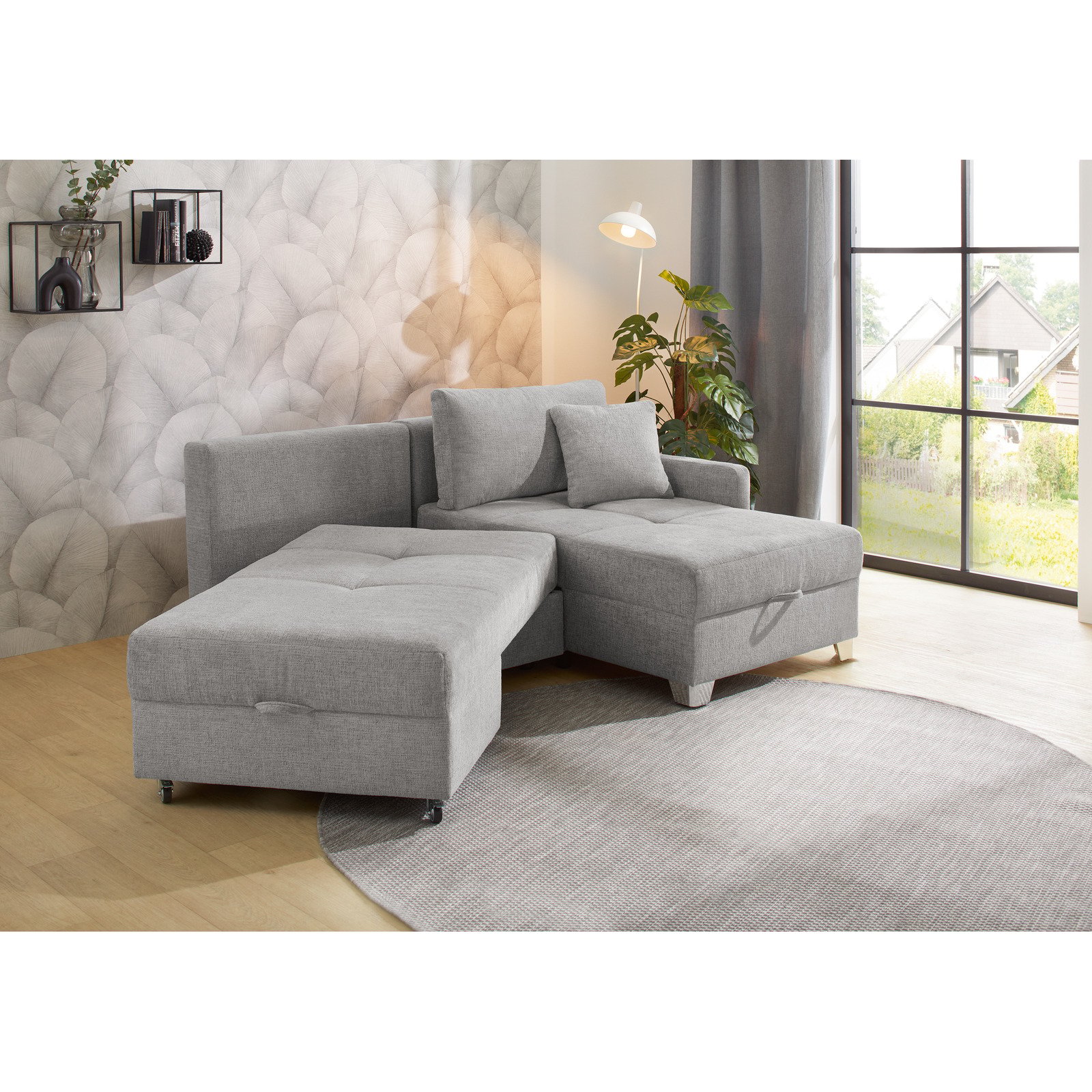 Ecksofa Giro Stoff Chenille grau mit Dreh-Schwenk-Ottomane
