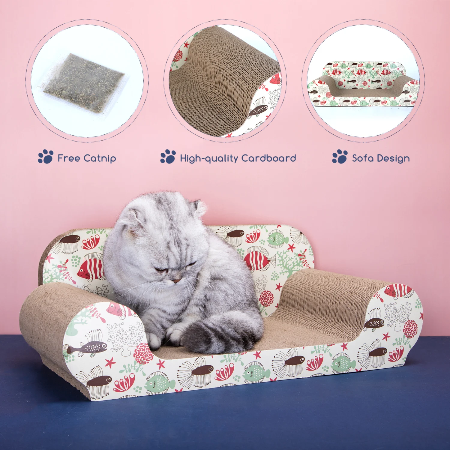 Arranhador de papelão Nobleza para gatos grandes com brinquedo de catnip, 56*26*20cm