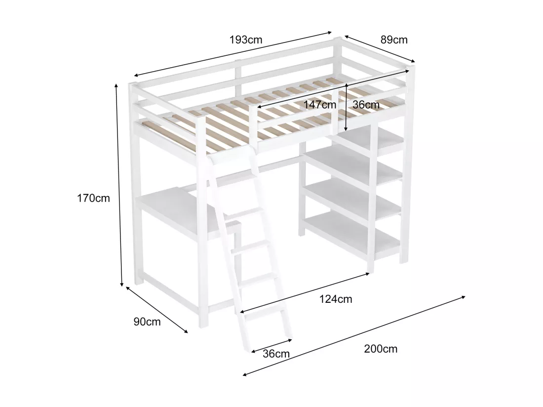 Lit Mezzanine pour Enfant, 90 x 200 cm, avec Compartiments de Rangement et Bureau sous Le lit, Blanc, étagère de Rangement à Quatre Couches, Grande capacité, Peu encombrant et Fonctionnel