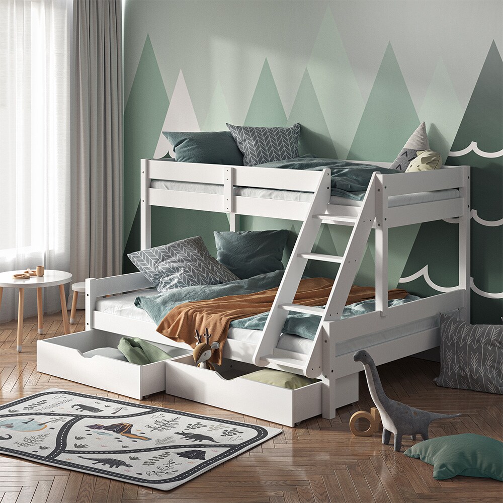 VitaliSpa Hochbett Kinderbett Spielbett Everest Weiß modern 140x200 Massivholz Kinderzimmer Bett Lattenrost Bettleiter Kletterbett Doppelbett Geschwisterbett Bettschublade Rollschublade
