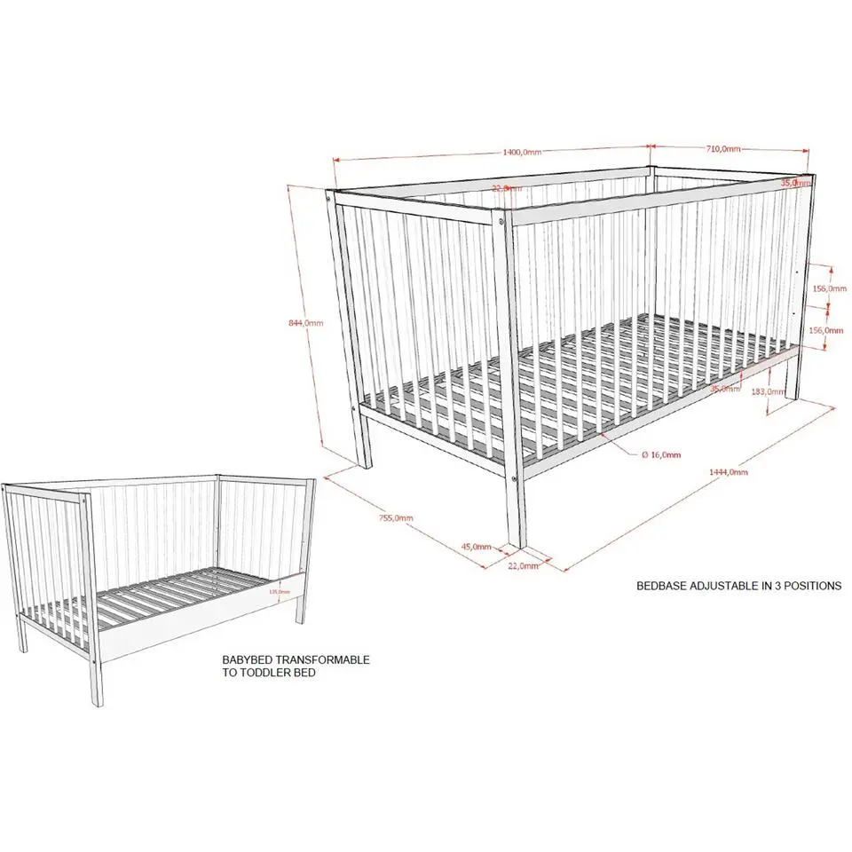 Peuterbed Dino 70x140cm - verstelbaar - dennenhout