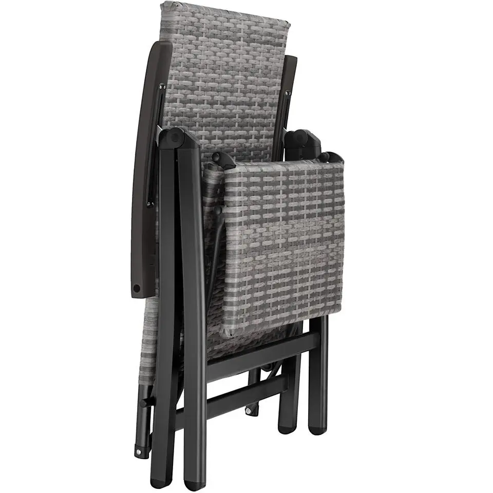 tectake Wicker tuinstoel opklapbaar met aluminium frame en voetsteun, Grijs