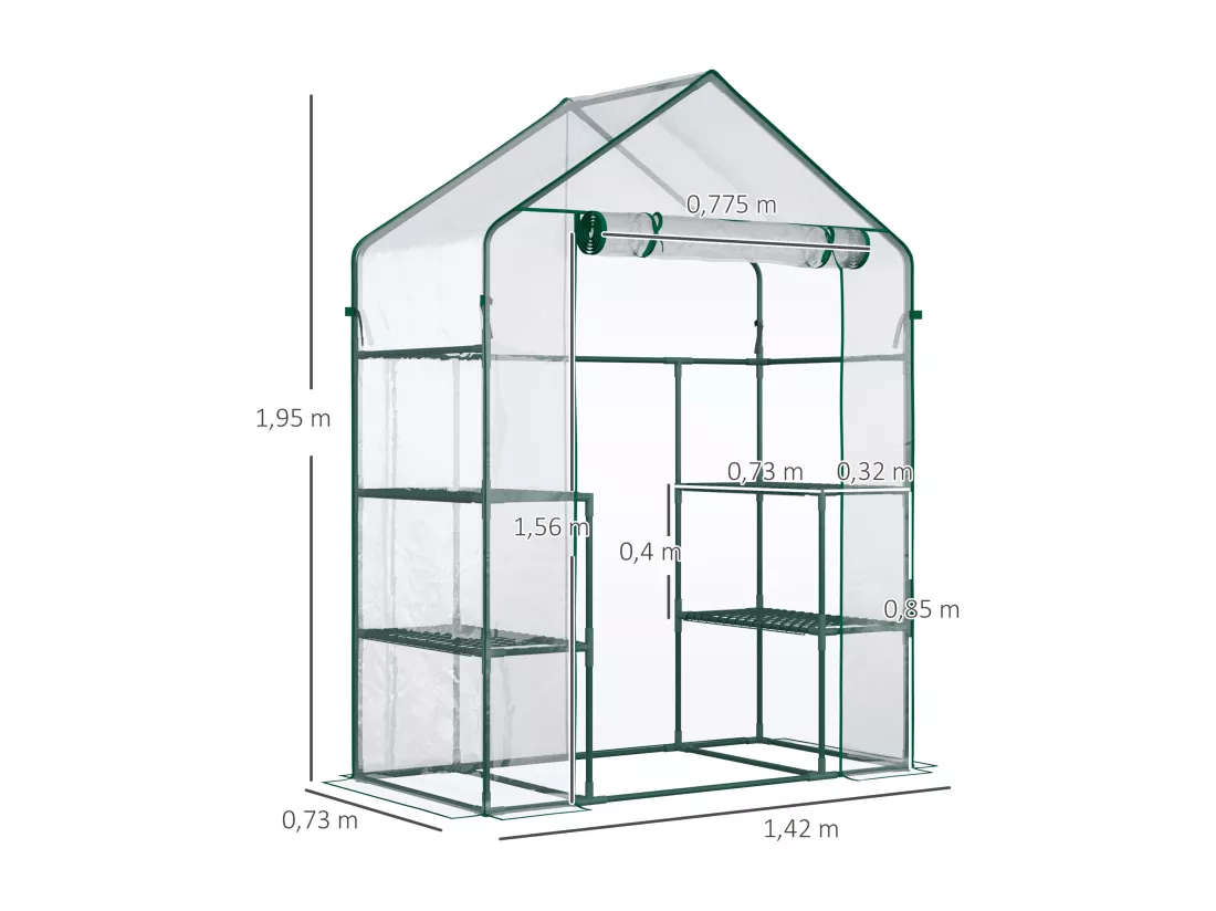 Serre de jardin 6 étagères - dim. 142L x 73l x 195H cm - porte - acier thermolaqué PVC haute densité anti-UV - transparent vert