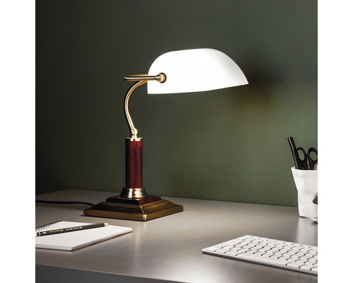 Tafellamp, 1-lichts, H 33,5 cm, Bankir bankierslamp, antiek messing/wit