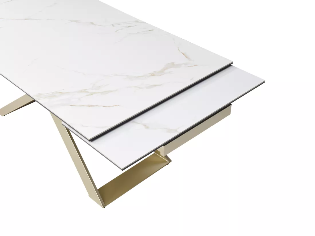 Table à manger extensible 6 à 10 personnes en céramique, verre trempé et métal - Effet marbre blanc et Doré - XERENA de Maison Céphy