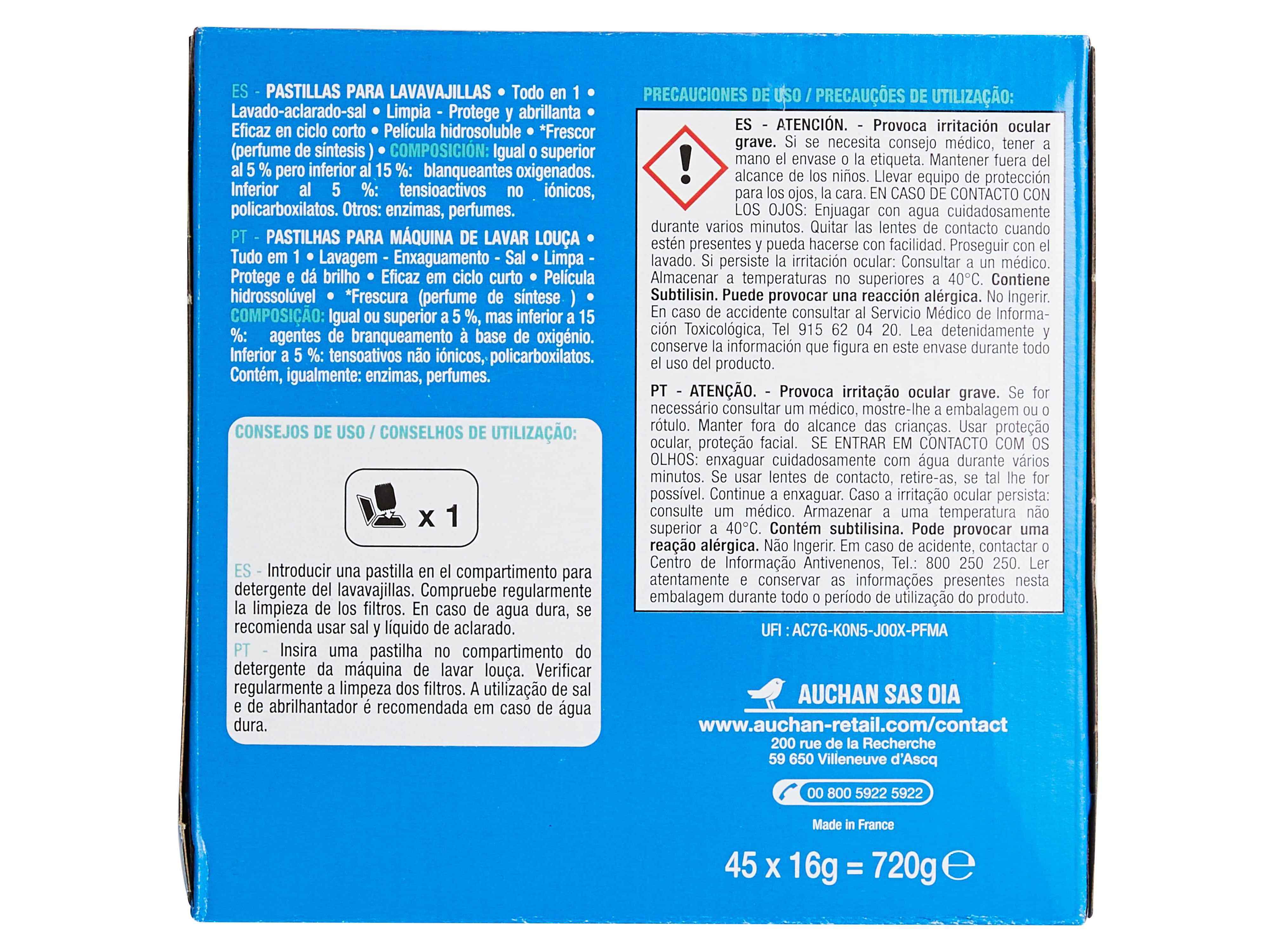 DETERGENTE AUCHAN MÁQUINA LOIÇA PASTILHA TUDO EM 1 FRESCURA 45UN