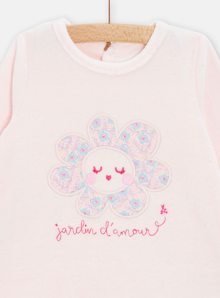 Grenouillère rose en velours texturé motif cur pour bébé fille