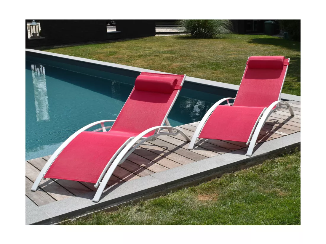 Lot de 2 transats GALAPAGOS en textilène rose - aluminium blanc - HAPPY GARDEN