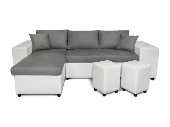 Canapé d'angle réversible Mady bimatière gris/blanc avec coffre accoudoir étagère et poufs droit - L254 x P146 x H81cm - Loungitude